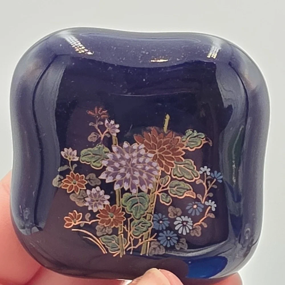 Vintage Japanese Cobalt Blue Ceramic Trinket Box Hand Painted Floral Jewelry Box